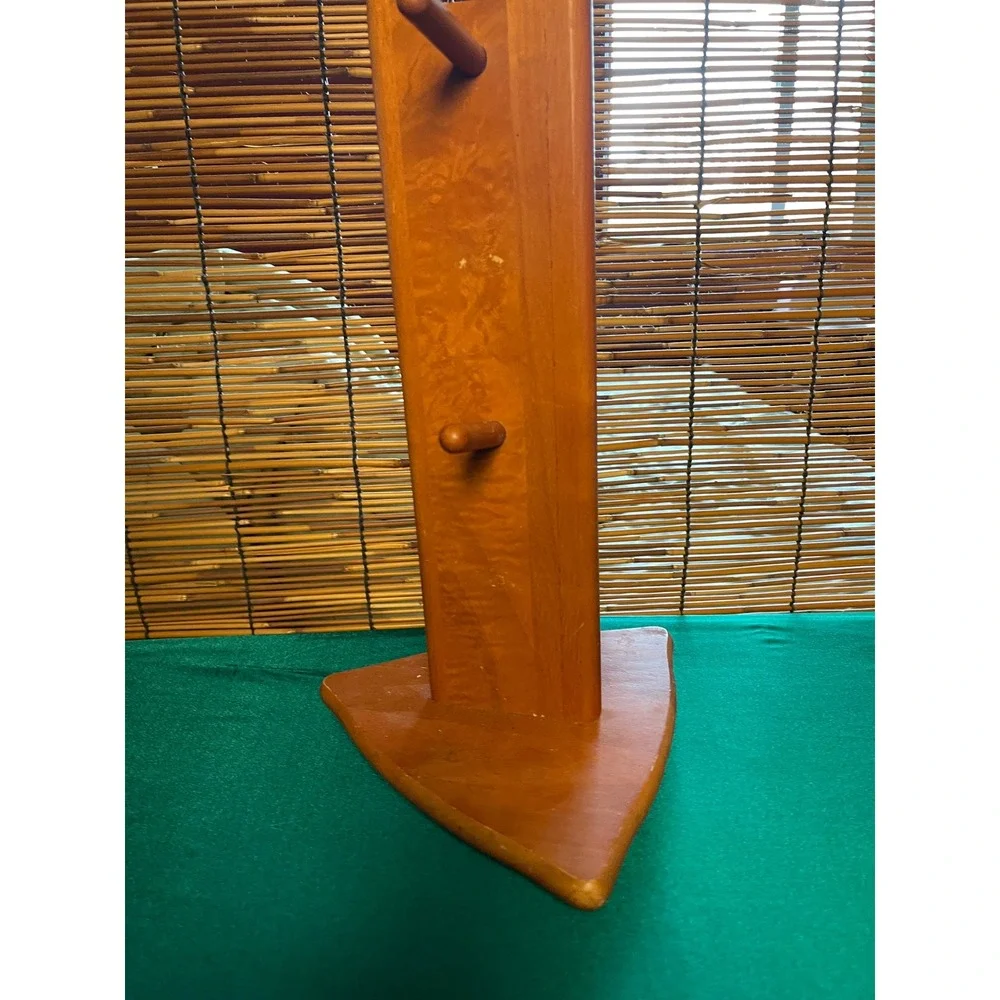Vintage MCM Wooden Mug Tree Stand Triangular Base 6 Hook Jewelry Organizer Brown